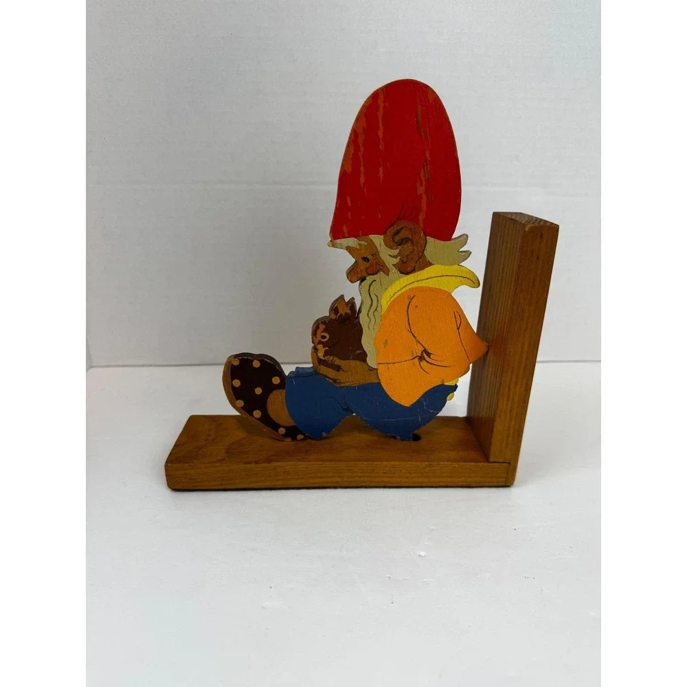 Vintage Wooden Gnome Bookend Hand Painted Elf Nursery Decor Whimsigoth Fairycore